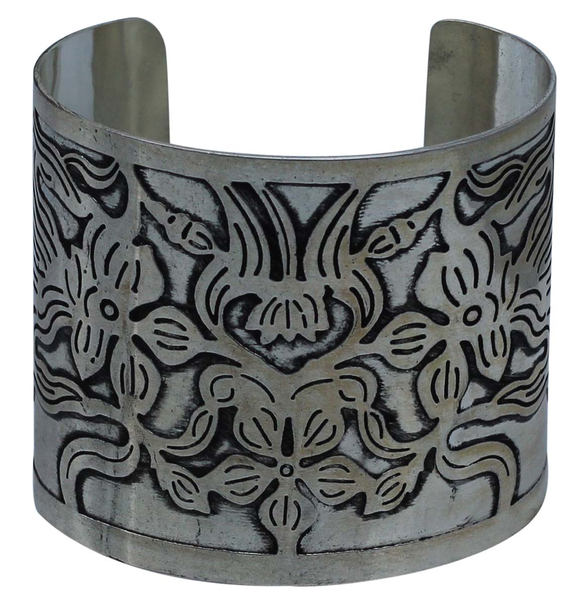 Wholesale Bracelets from India – Antique-Look Cuff Bracelet – Cast in Brass – Nickel Plated & Black Shading – Abstract Pattern – Bracelets in Bulk